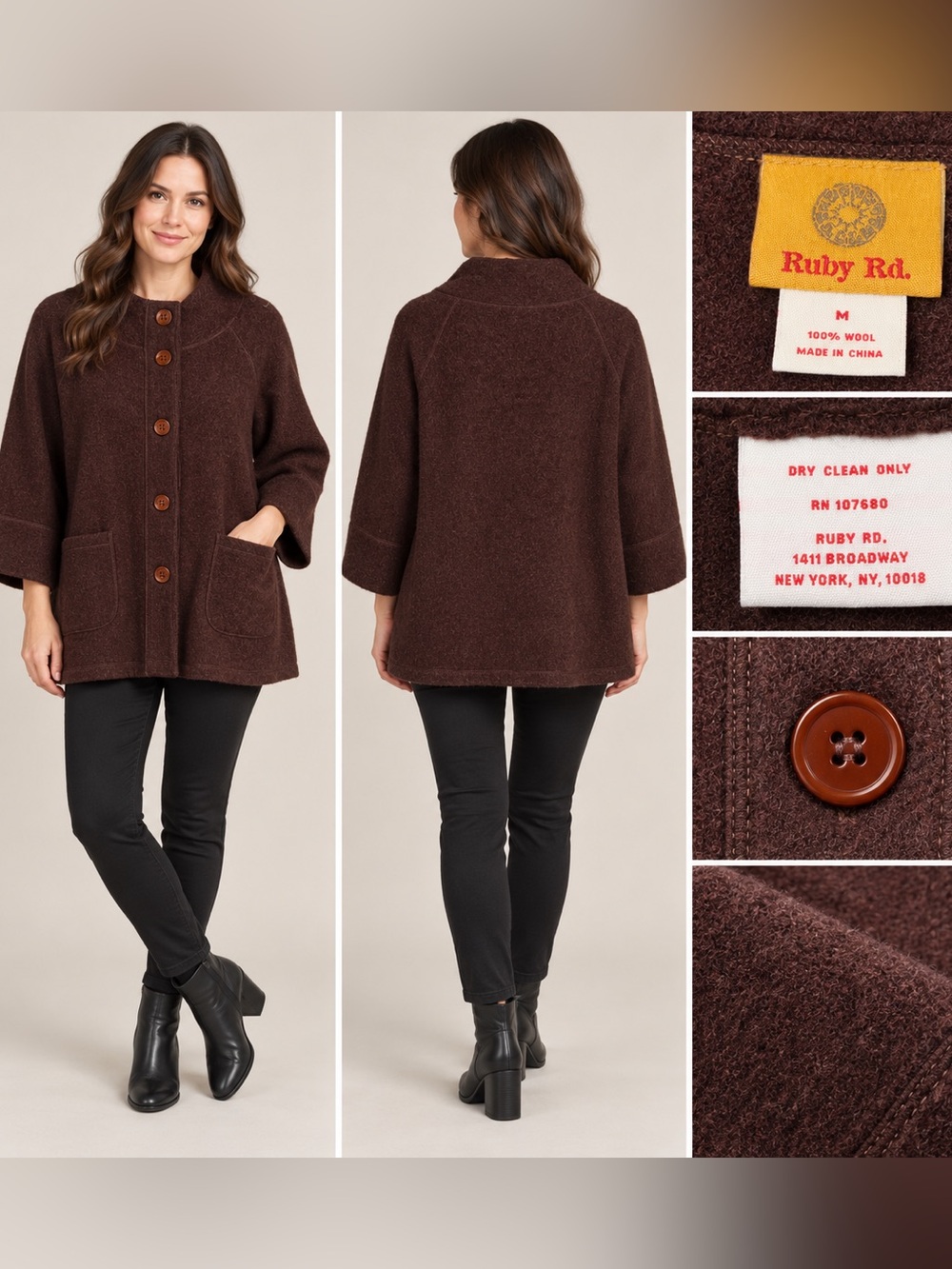 Ruby Rd. Dark Brown Wool Blend Button-Front Pea Coat